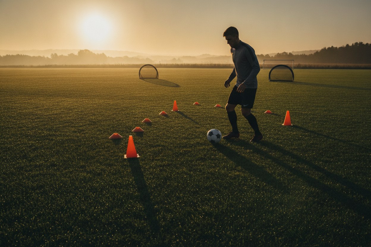 Futbolcu gün doğumunda antrenman yapıyor